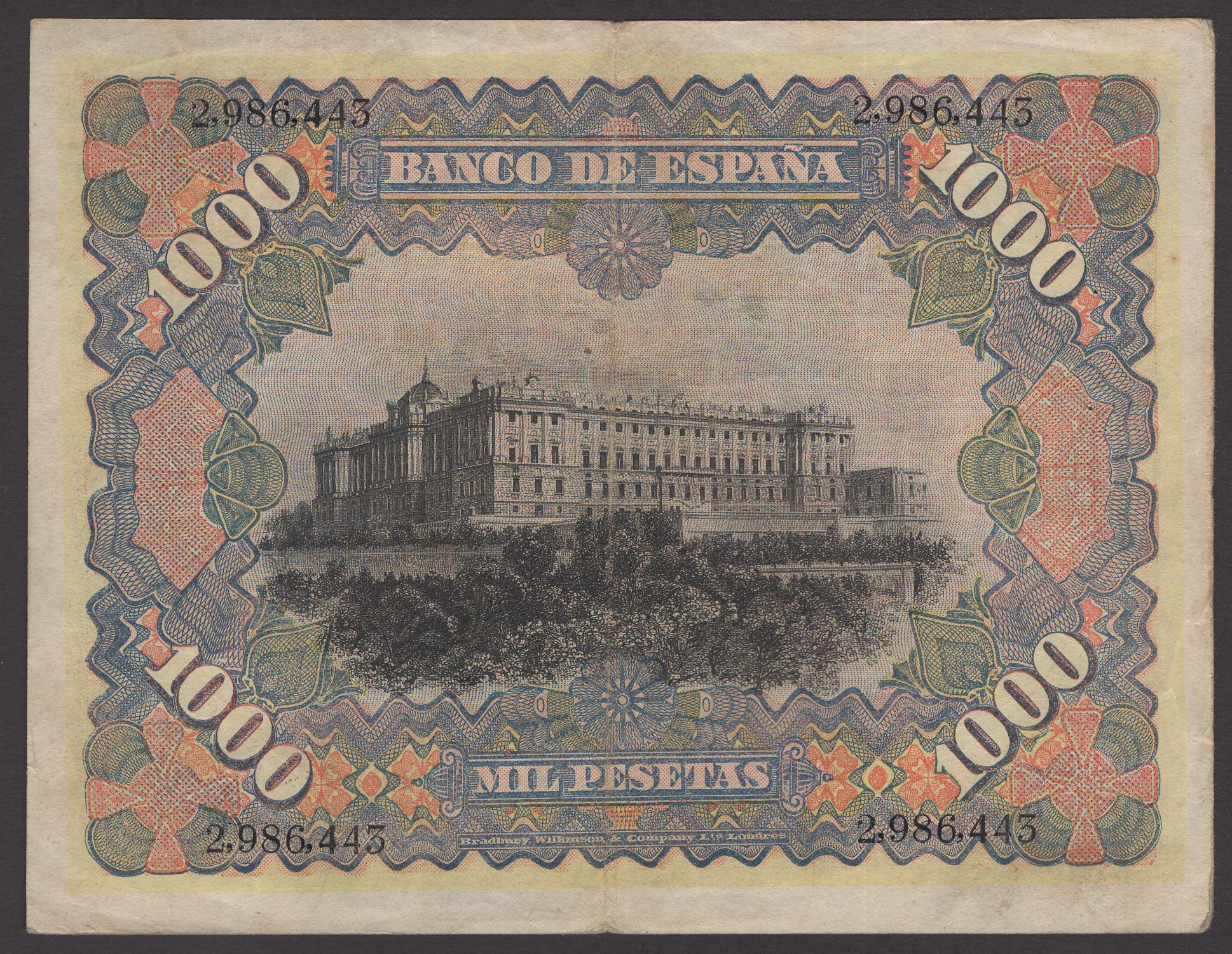 Banco de Espana, 1000 Pesetas, 15 July 1907, serial number 2986443, good very fine,... - Image 2 of 2