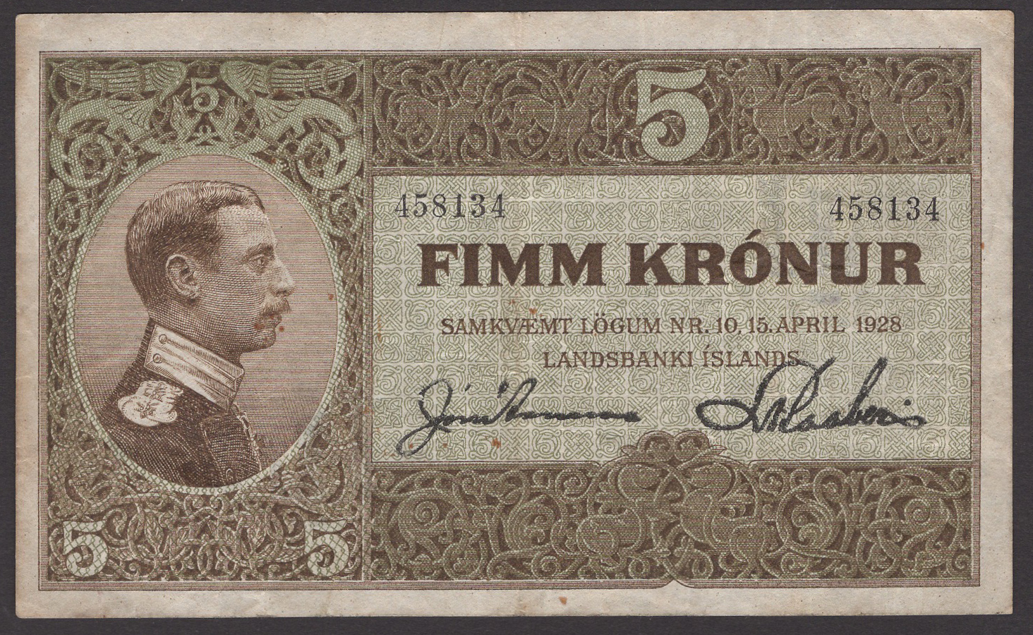 Landsbanki Islands, 5 Kronur, 15 April 1928, serial number 458134, Arnason and Kaaber...