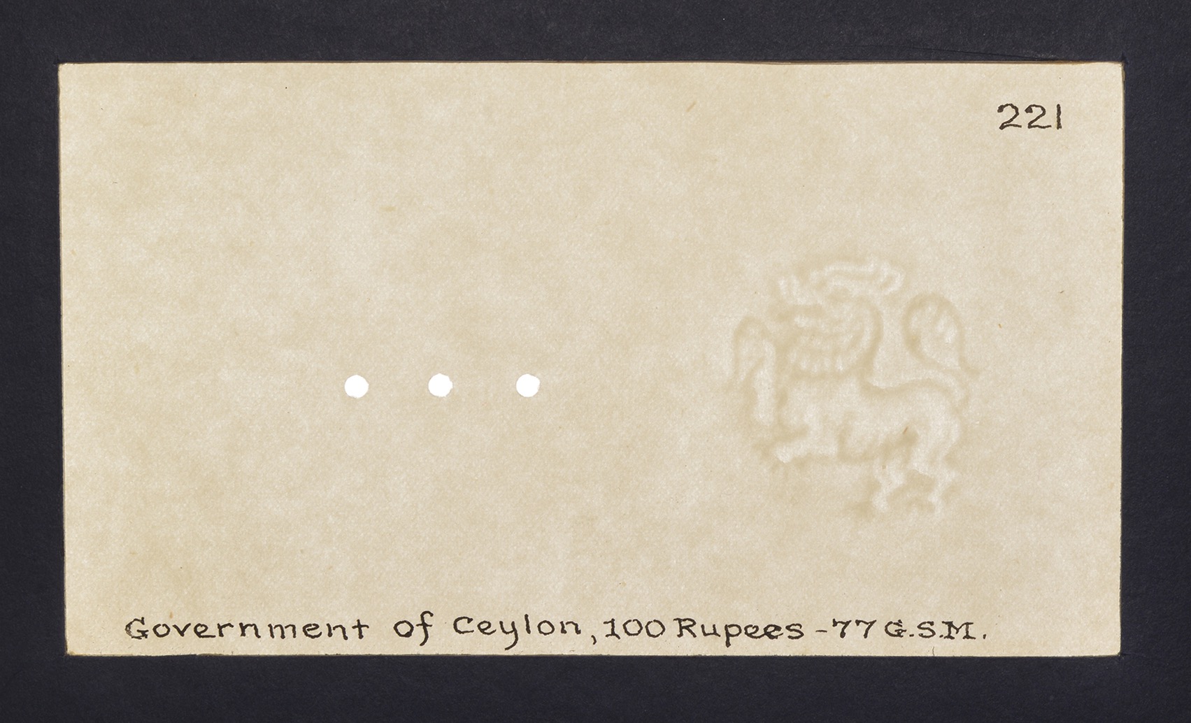 Government of Ceylon, watermarked papers for 100 Rupees (3), 1940-47, glued into individual... - Image 2 of 3