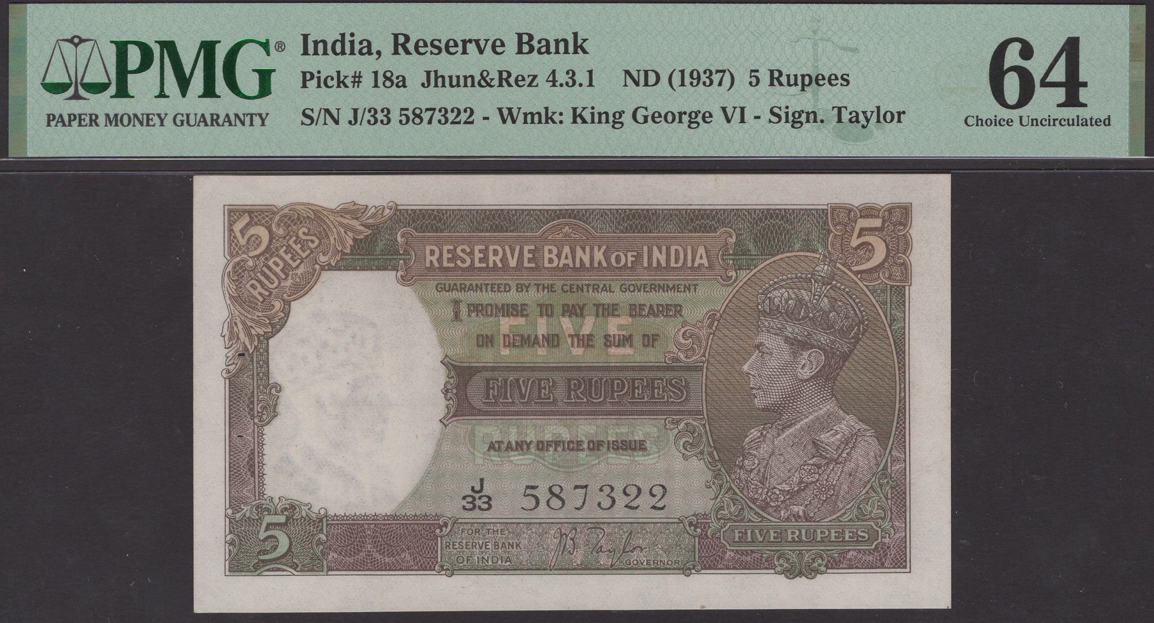 Reserve Bank of India, 5 Rupees, ND (1937), serial number J/33 587322, Taylor signature, in...