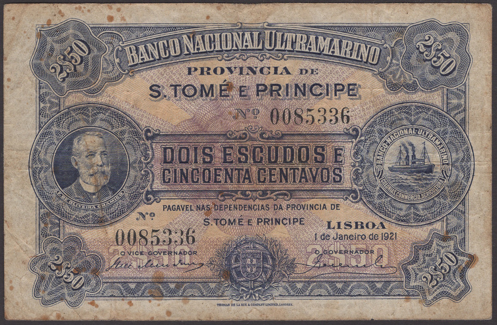 Banco Nacional Ultramarino, St Thomas & Prince, 2 1/2 Escudos, 1 January 1921, serial...