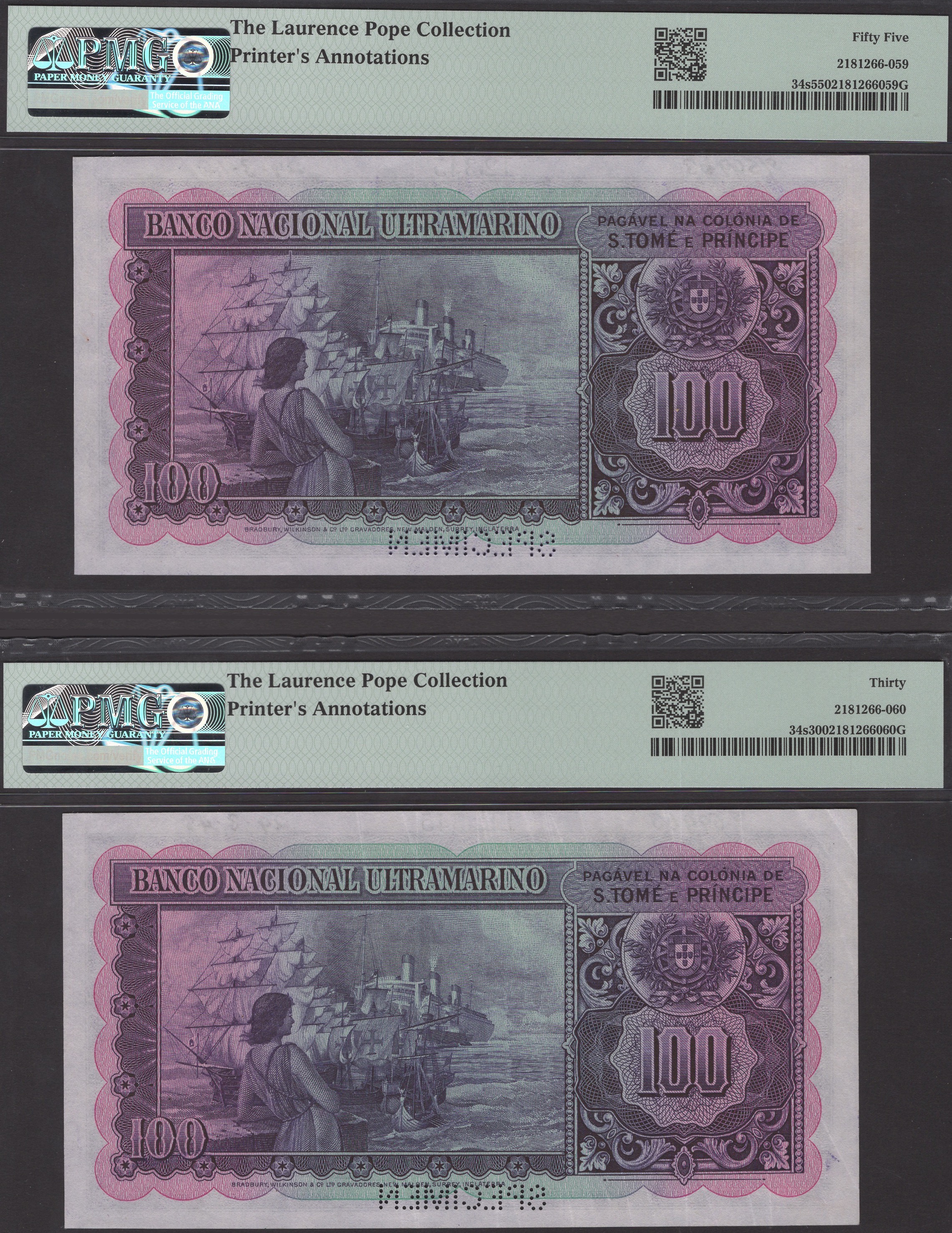 Banco Nacional Ultramarino, St Thomas & Prince, printers archival specimens for 100 Escudos... - Bild 2 aus 2