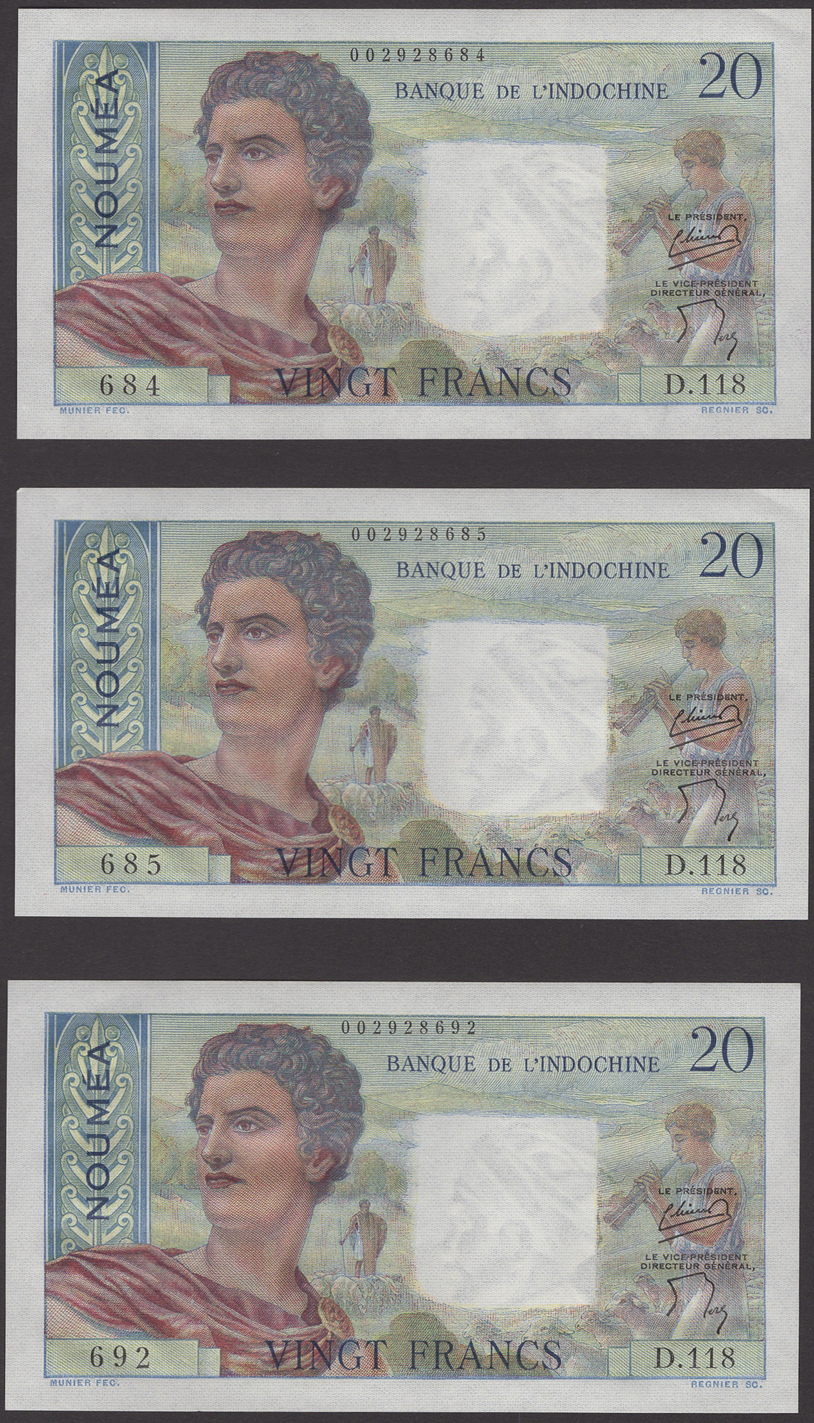 Banque de l'Indochine, New Caledonia, 20 Francs (5), ND (1951), serial number D.118 684-85...