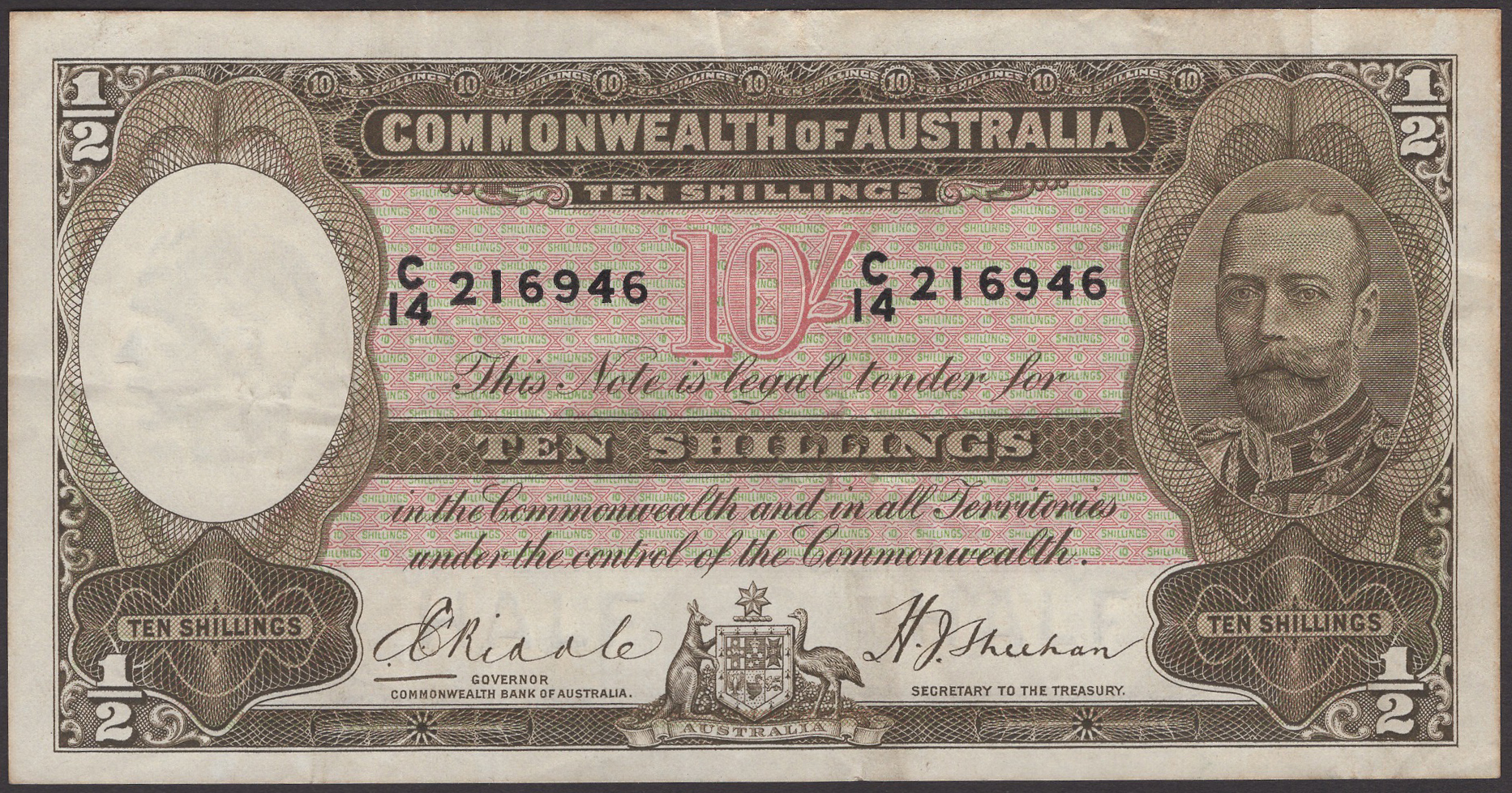 Commonwealth of Australia, 10 Shillings, ND (1934), serial number C/14 216946, Riddle and...