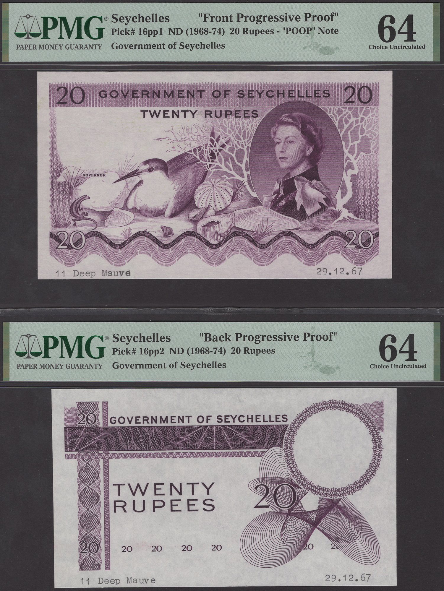 Government of Seychelles, obverse and reverse uniface die proofs for 20 Rupees, ND...