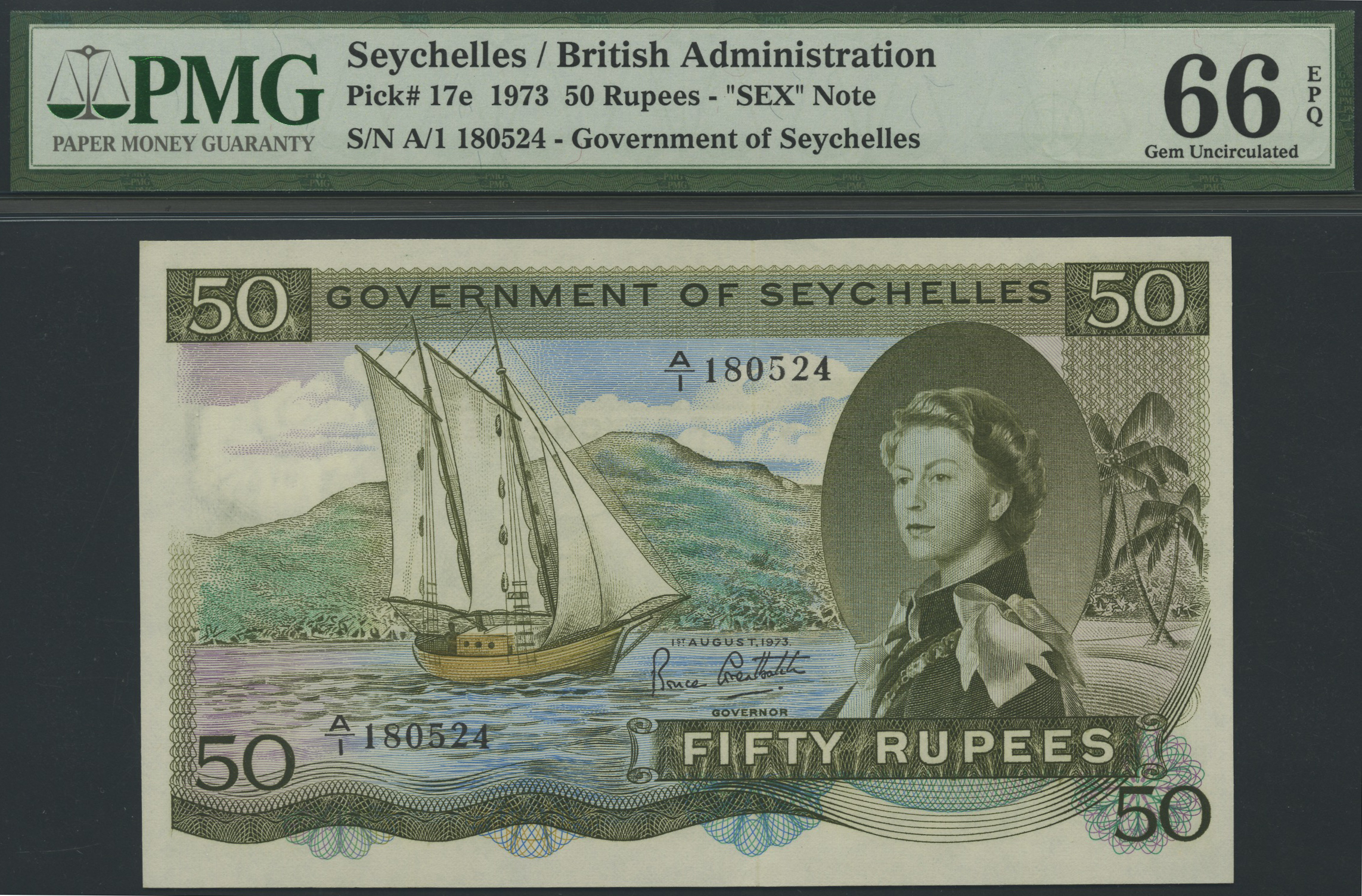 Government of Seychelles, 50 Rupees, 1 August 1973, serial number A/1 180524, Greatbatch...