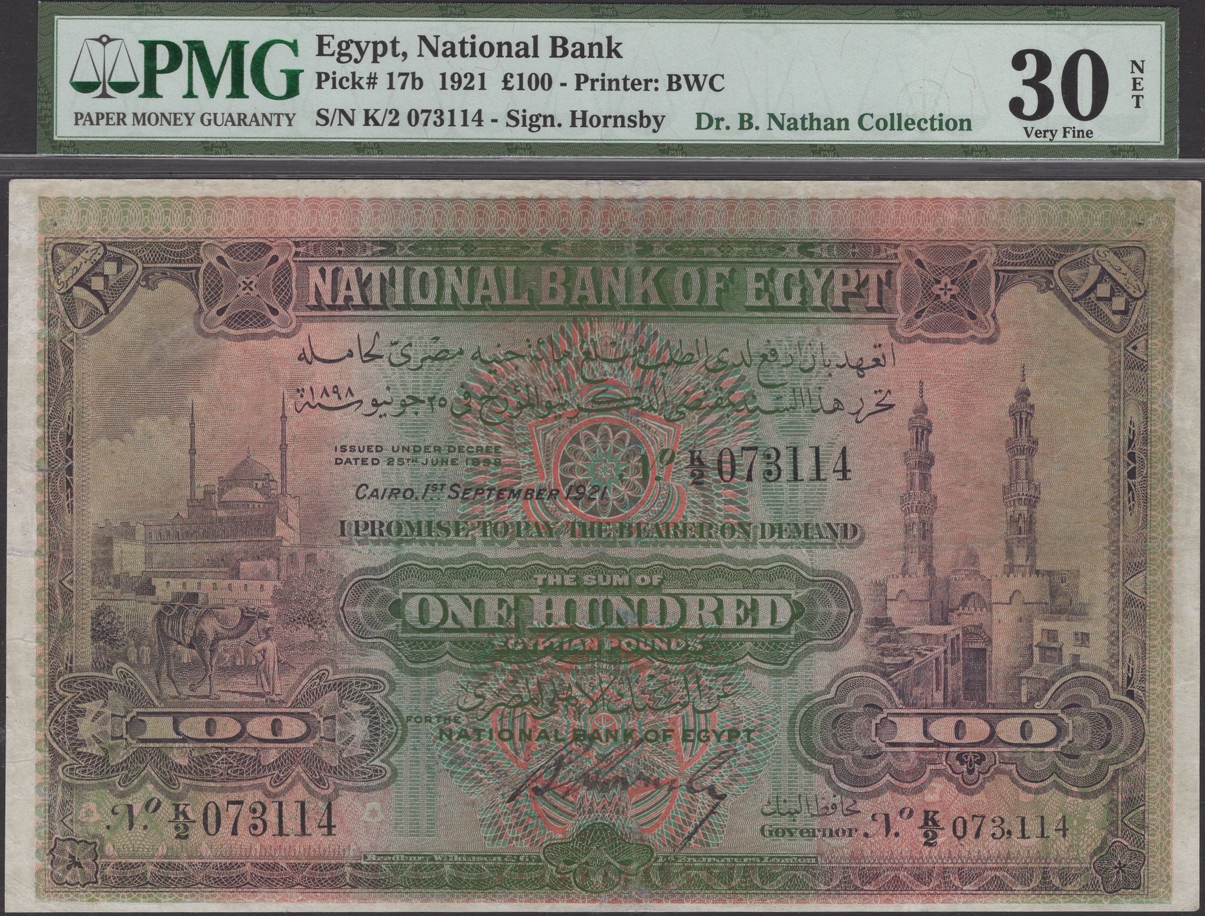 National Bank of Egypt, Â£100, 1 September 1921, serial number K/2 073114, Hornsby...