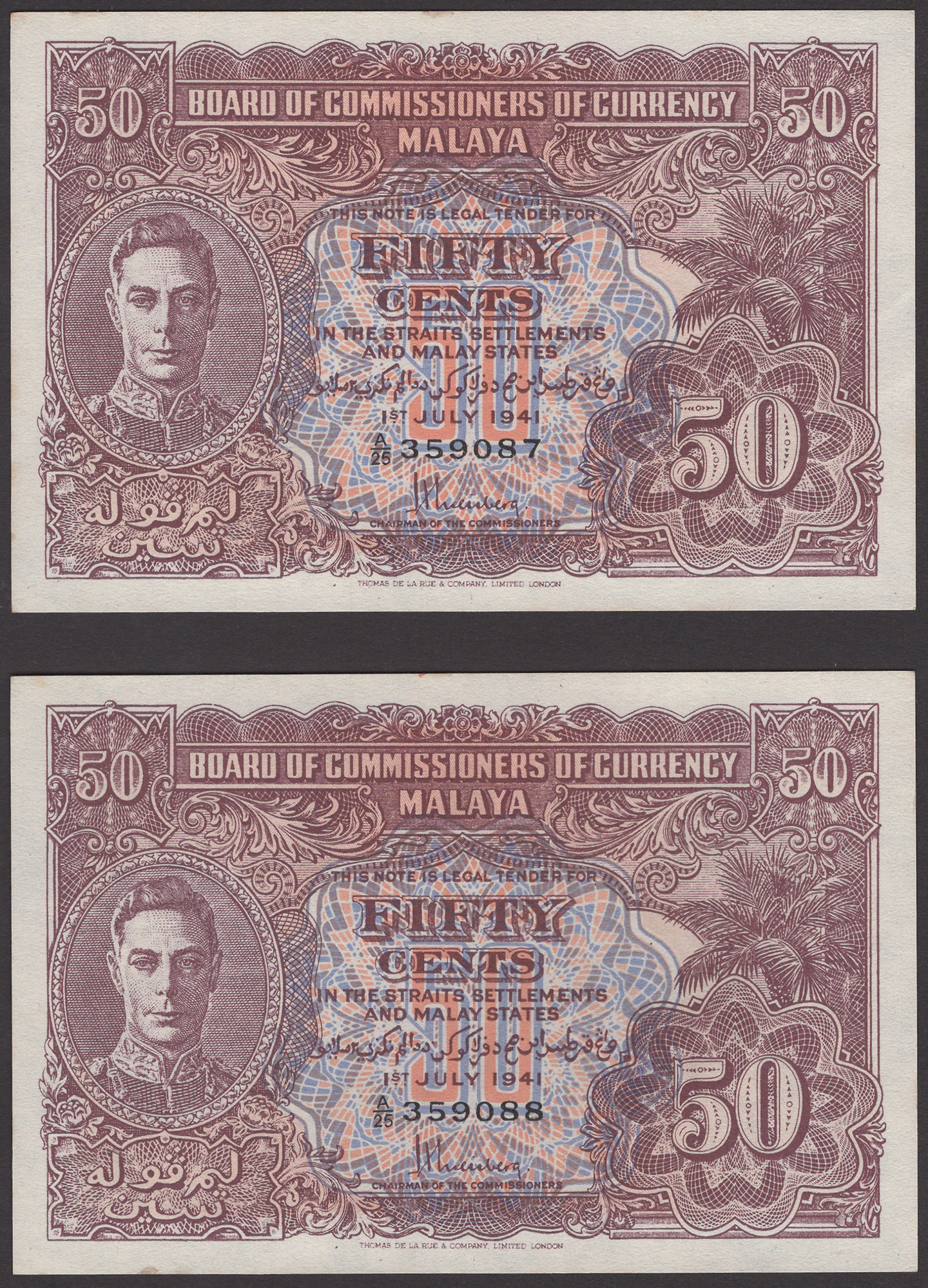 Board of Commissioners of Currency Malaya, 50 Cents (2), 1 July 1941, serial numbers A/25...