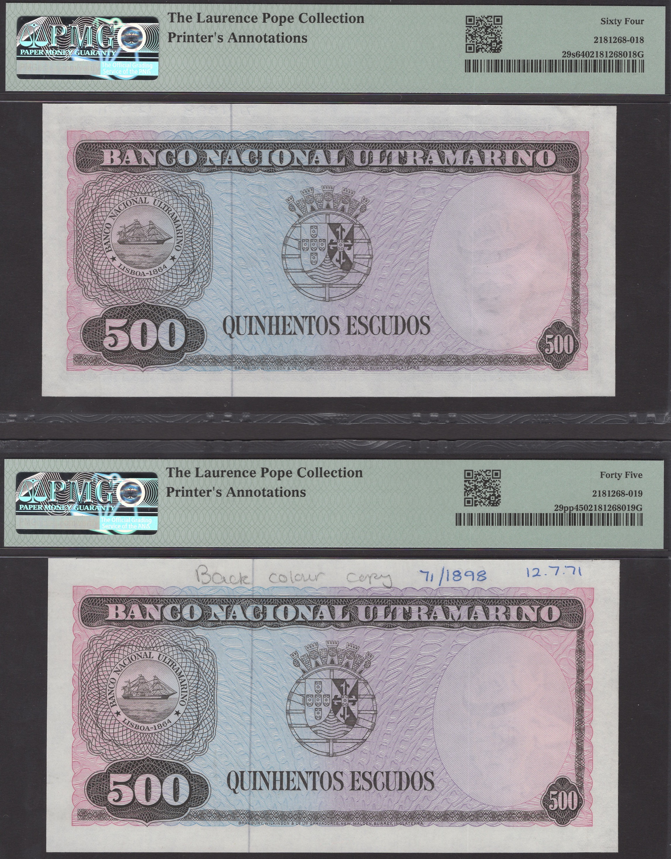 Banco Nacional Ultramarino, Timor, proofs for 500 Escudos (2), ND (1963), comprising one... - Image 2 of 2