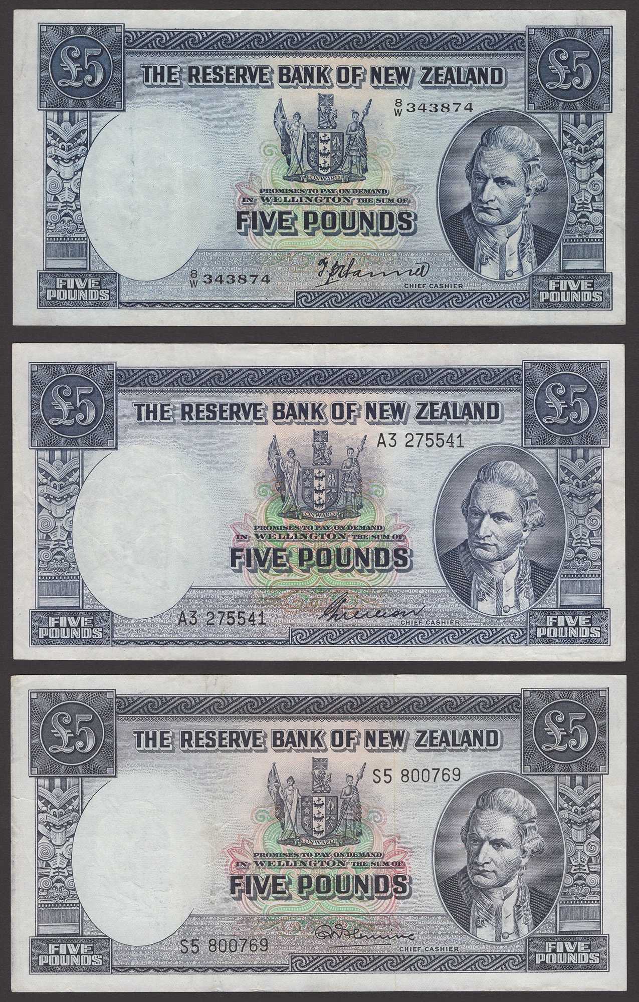 Reserve Bank of New Zealand, Â£5, ND (1940), serial number 8/W 343874, Hanna signature;...