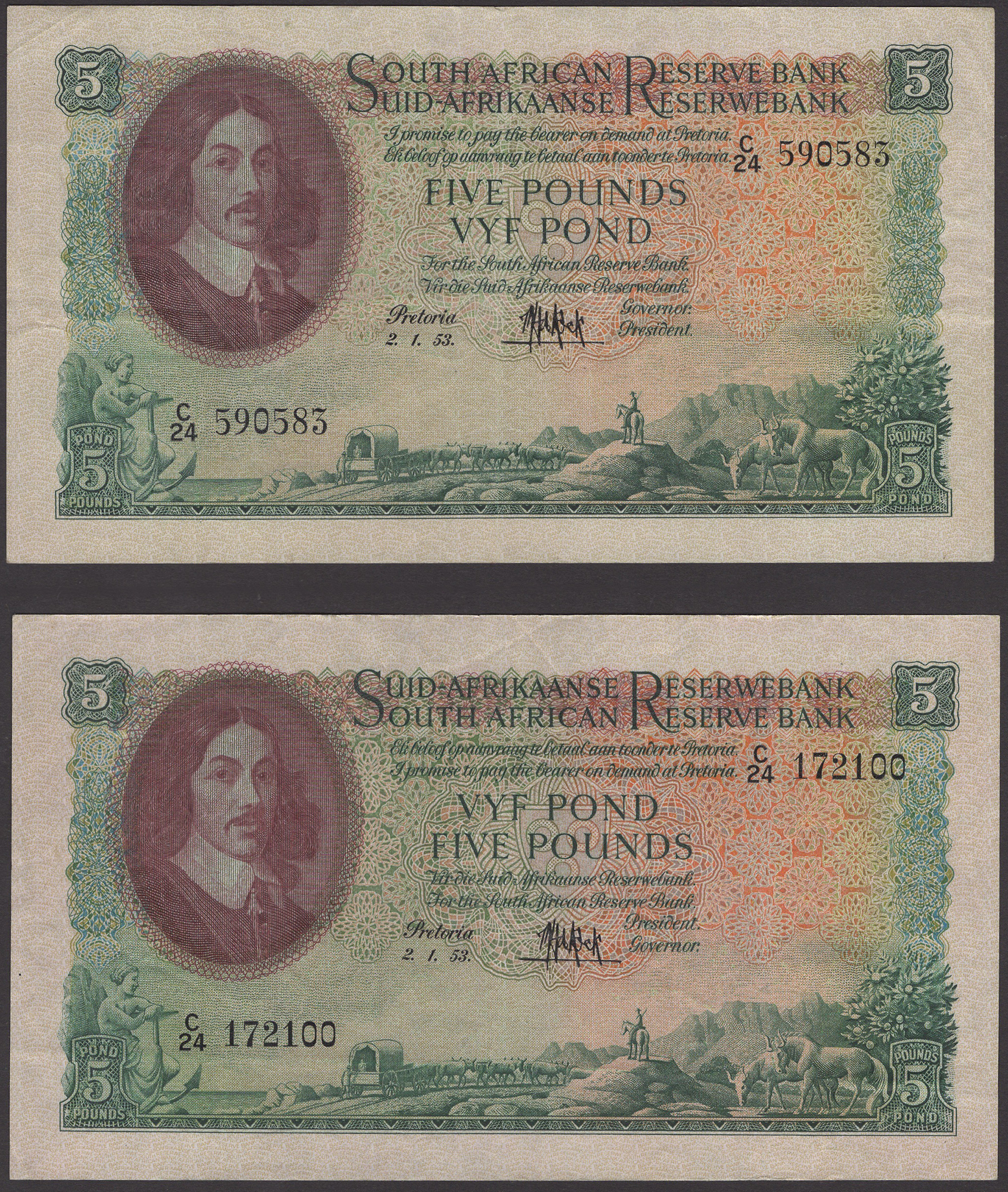 South African Reserve Bank, Â£1, 1 December 1951, prefix B/111, Â£5 (3), 2 January 1953...