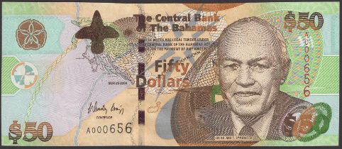 Central Bank of the Bahamas, $50, 2006, serial number A000656, Craigg signature,...