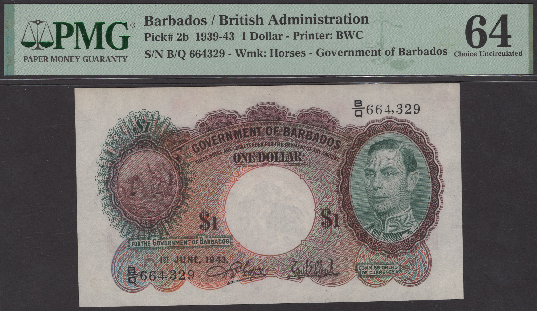 Government of Barbados, $1, 1 June 1943, serial number B/Q 664329, in PMG holder 64, choice...