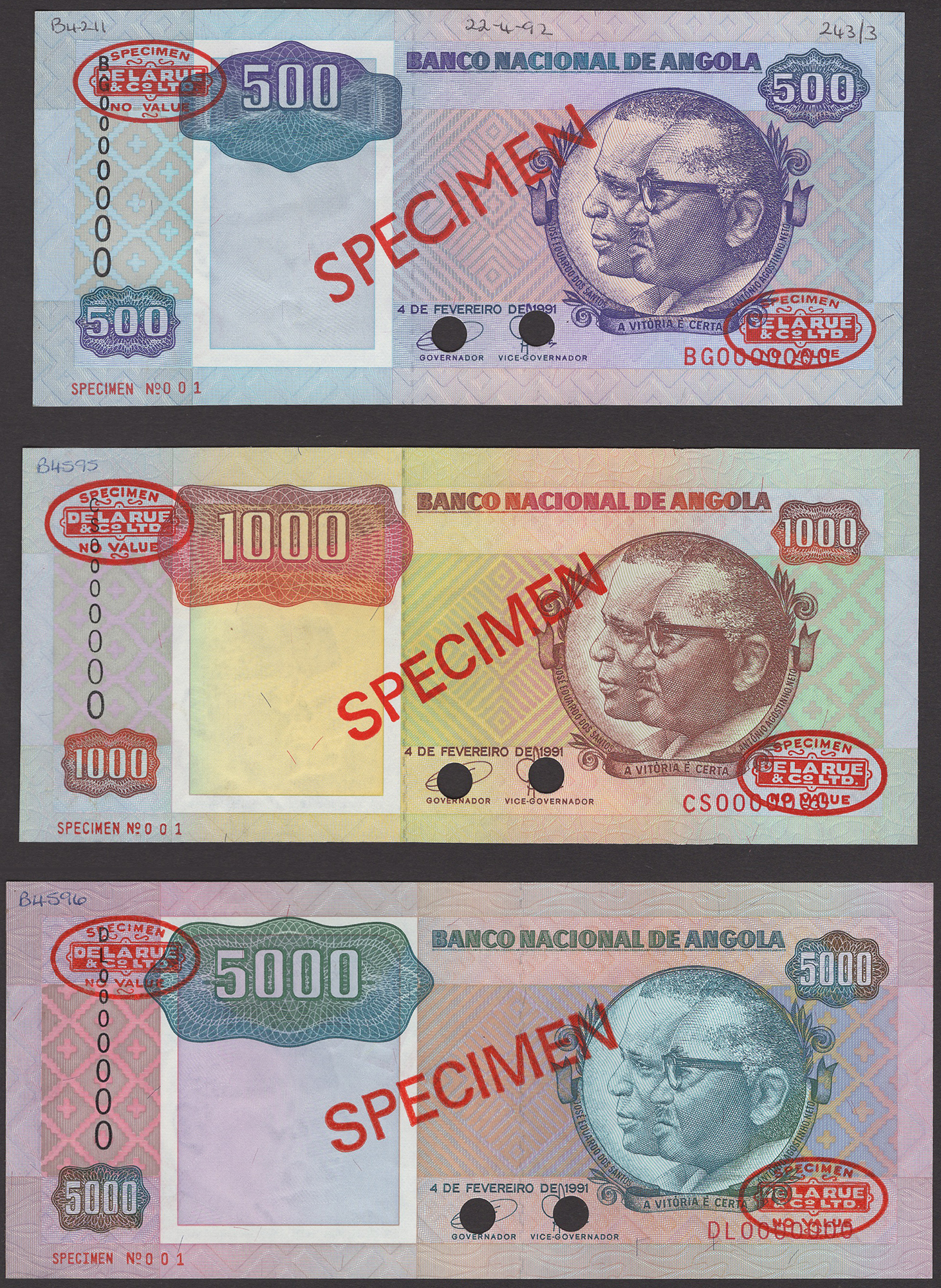 Banco Nacional de Angola, a group of specimens for the 4 February 1991 issue comprising... - Image 3 of 4