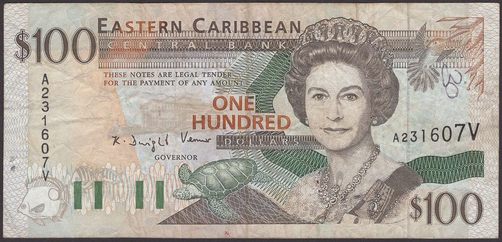 Eastern Caribbean Central Bank, $100, ND (1994), serial number A231607 V (St Vincent),...