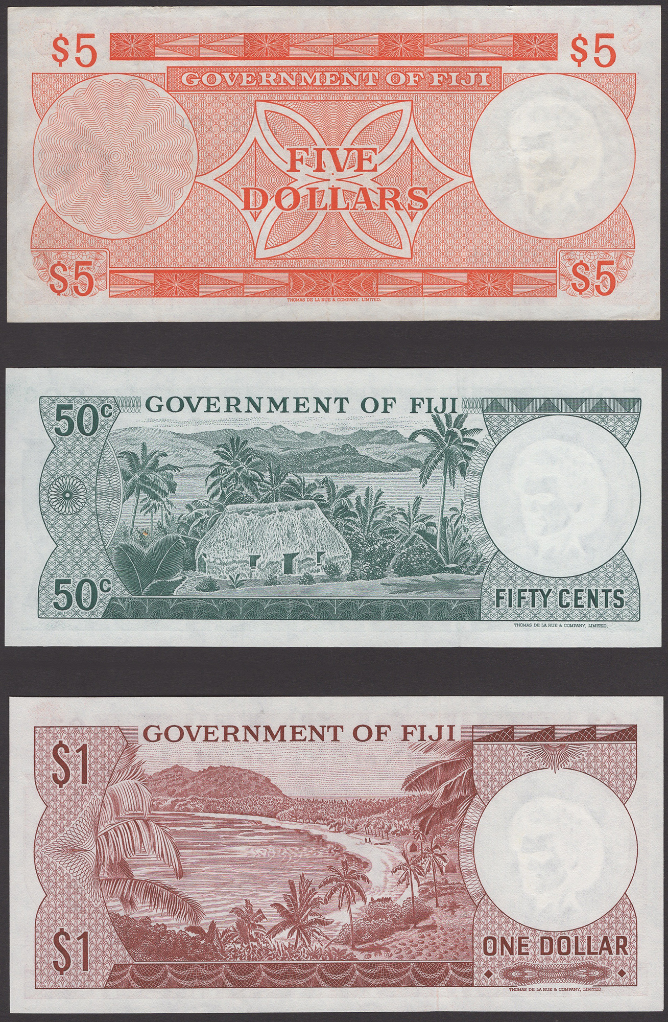 Government of Fiji, 50 Cents, $1, $2 and $5, ND (1971), prefixes A/3, A/3, A/4 and A/1,... - Image 2 of 4