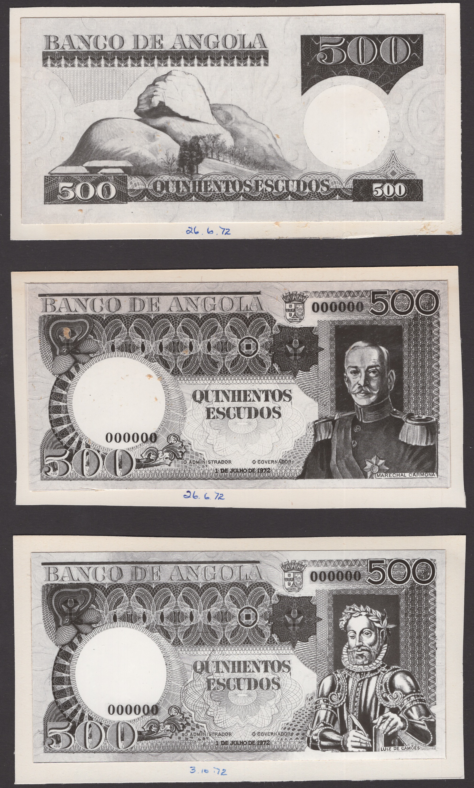 Banco de Angola, a group of archival photographs showing obverse (3) and reverse (2)...