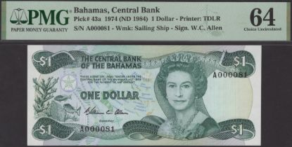 Central Bank of the Bahamas, $1, 1974 (1984), serial number A000081, Allen signature, in...