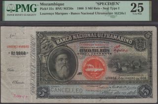 Banco Nacional Ultramarino, Mozambique, specimen 5 Mil Reis, 2 January 1908, red manuscript...