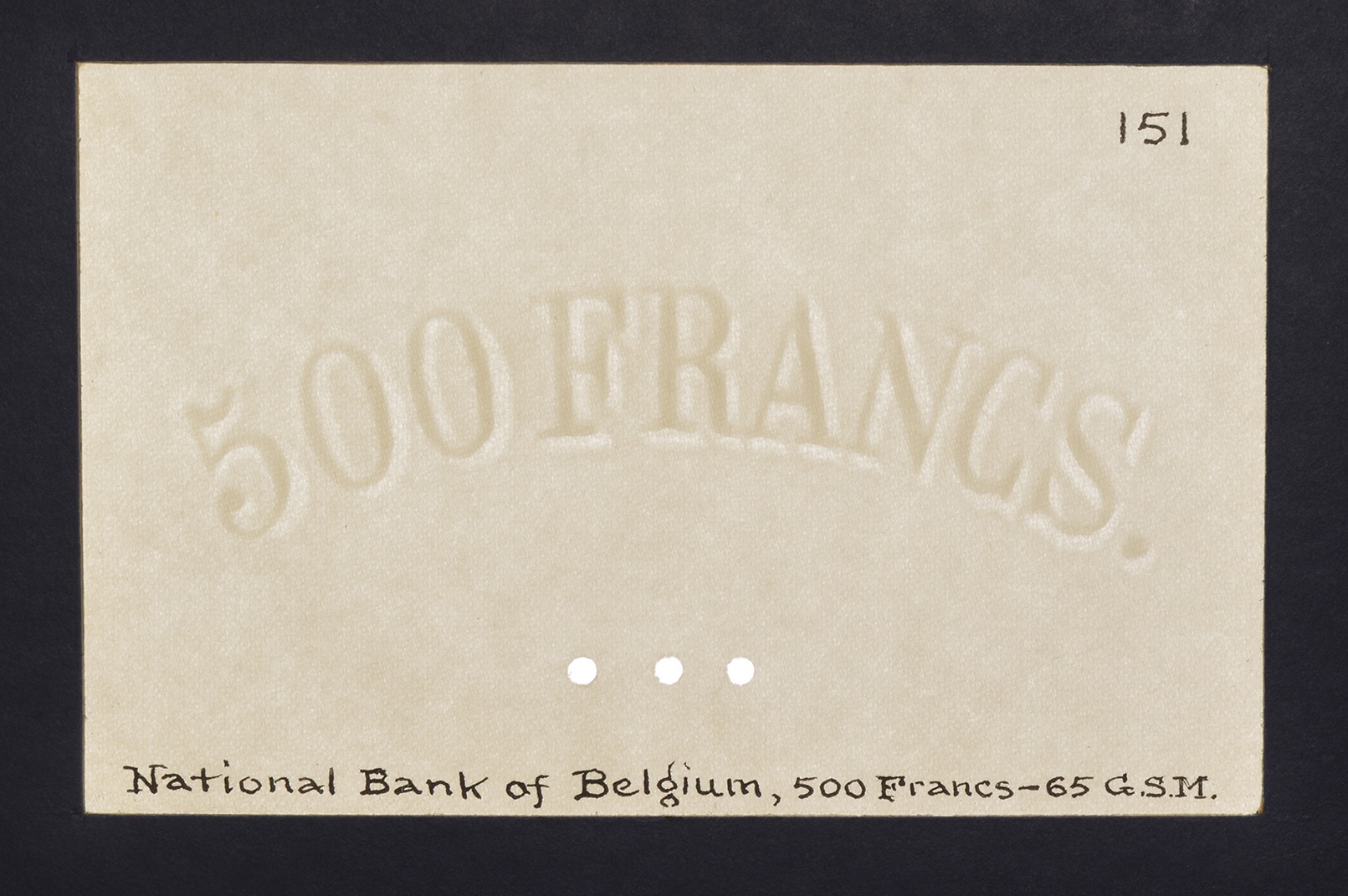 Banque Nationale de Belgique, watermarked paper for 500 Francs (6), issue of 1910-25, glued... - Bild 3 aus 6