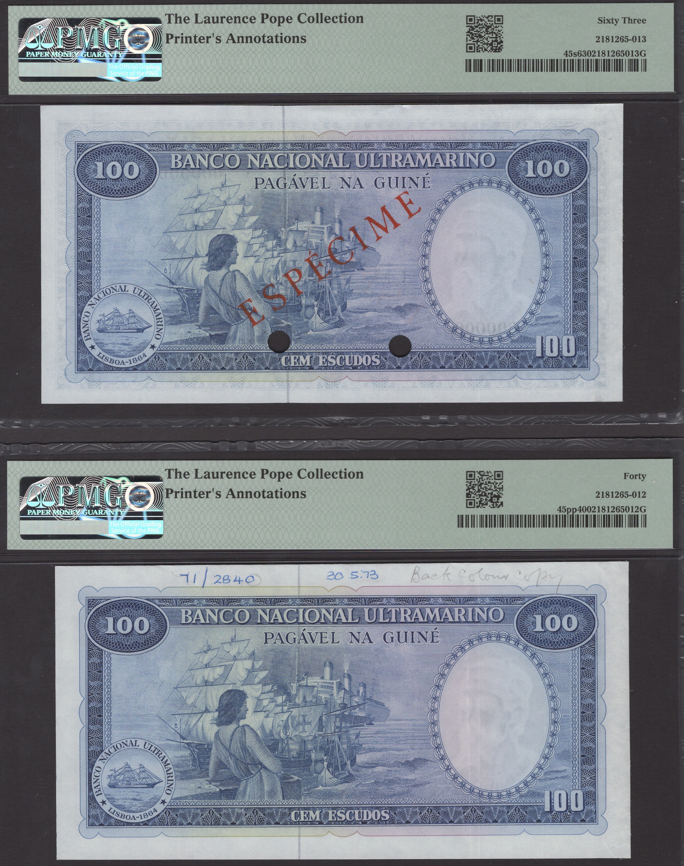 Banco Nacional Ultramarino, Portuguese Guinea, proofs for 100 Escudos (2), 17 December... - Bild 2 aus 2