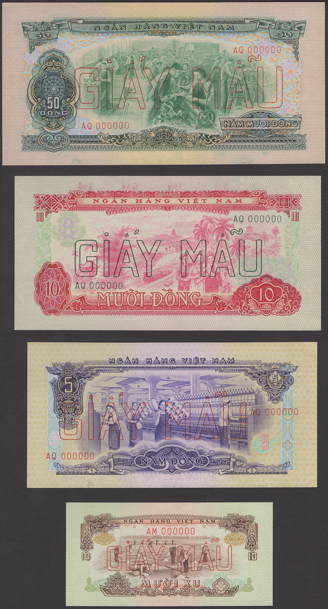 Bank of Vietnam, specimen 10, 20 and 50 Xu and 1, 2, 5, 10 and 50 Dong, 1966, zero serial...