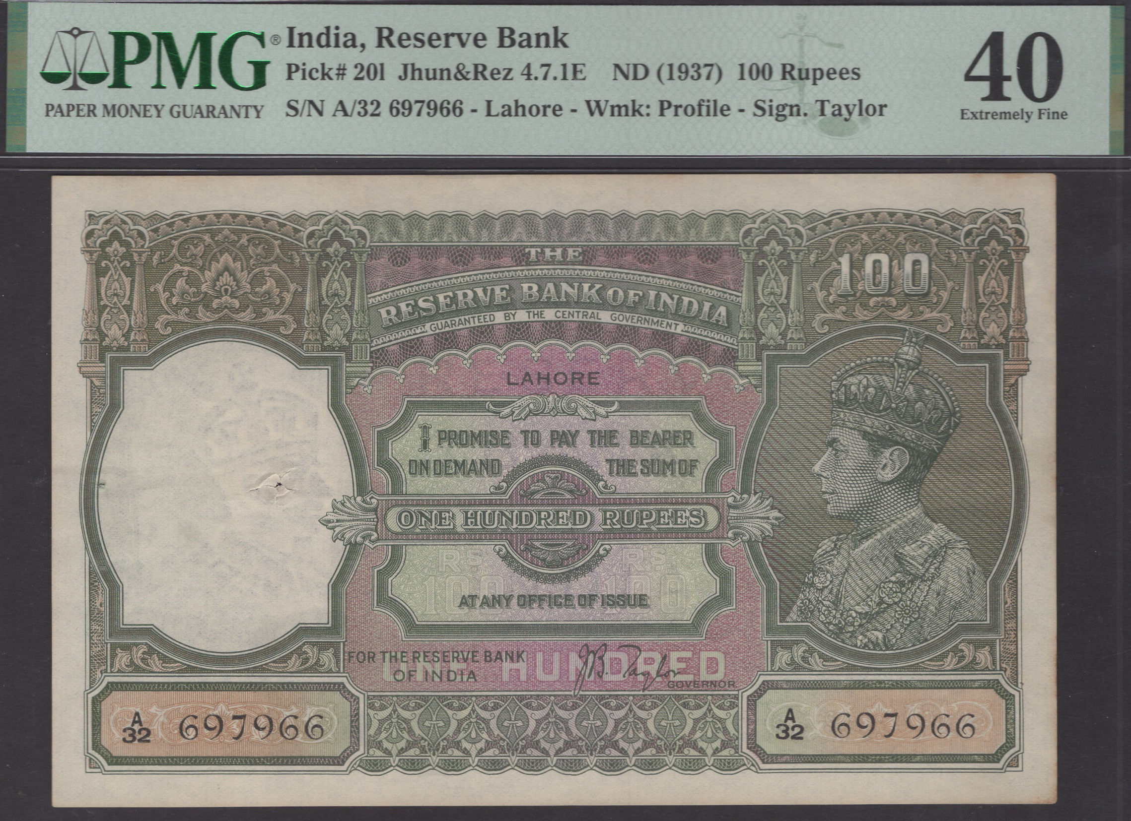 Reserve Bank of India, 100 Rupees, Lahore, ND (1937), serial numbers A/32 697966, Taylor...