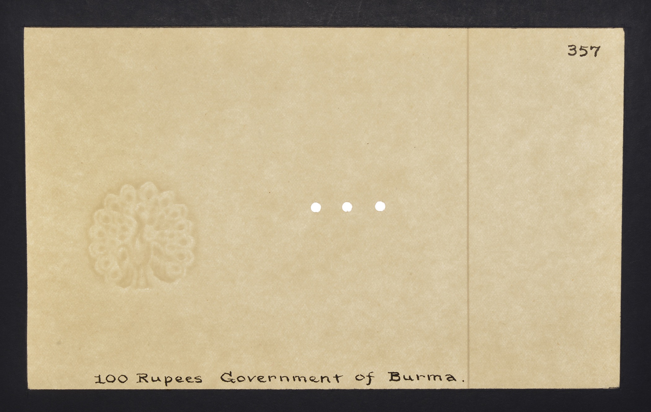 Government/Union Bank of Burma, watermarked papers for 1, 5 and 100 Rupee, ND (1948-50),...