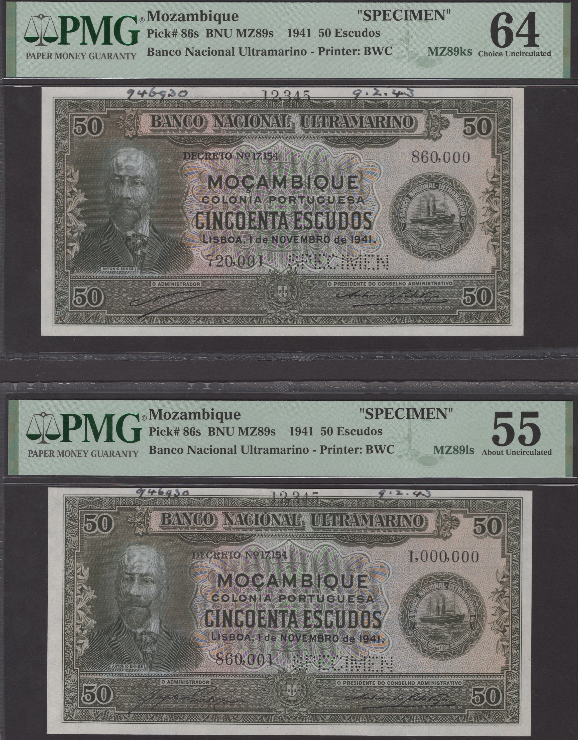 Banco Nacional Ultramarino, Mozambique, printers archival specimens for 50 Escudos (5), 1...