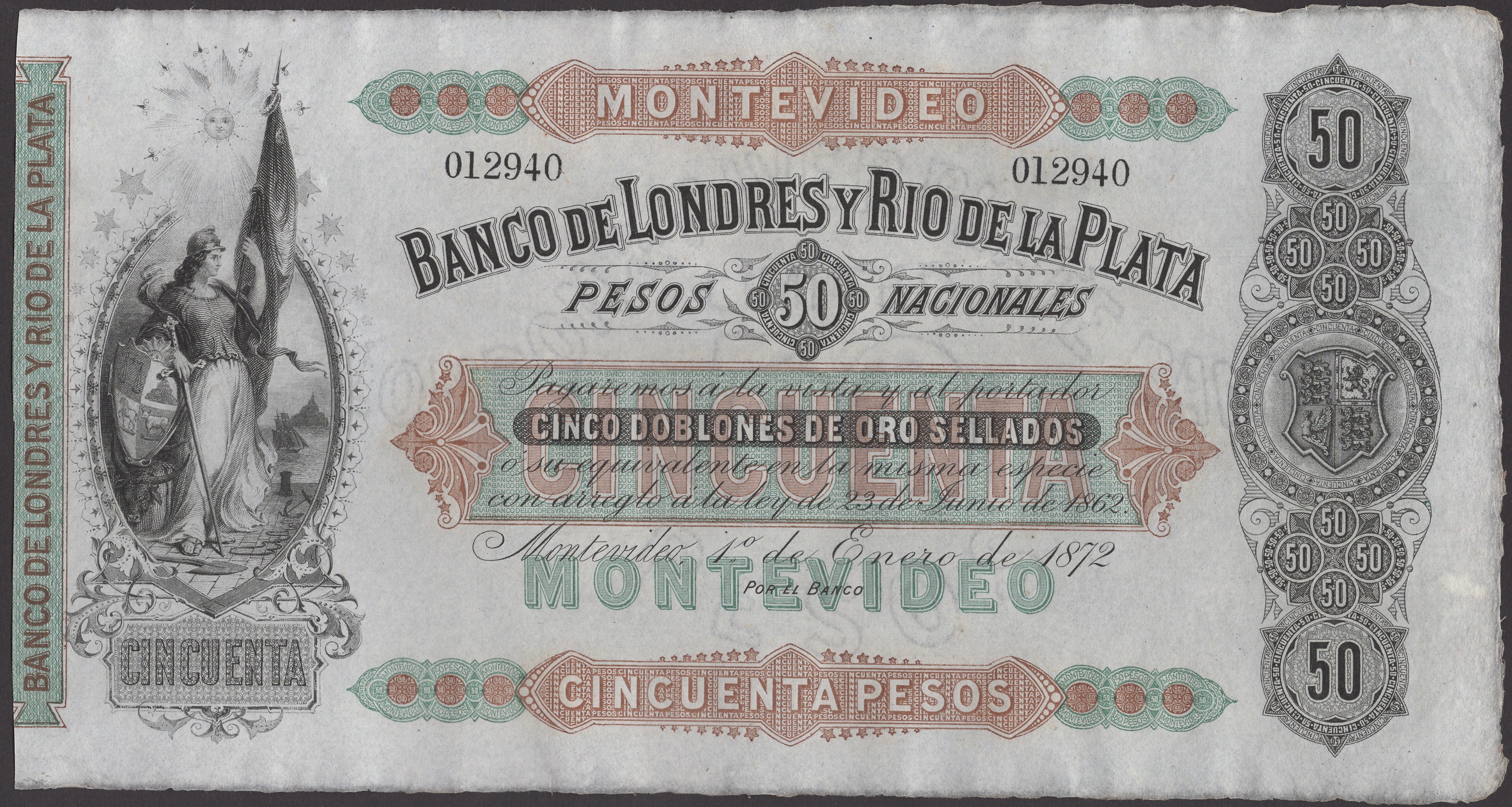 Banco de Londres y Rio de la Plata, unissued 50 Pesos (2), 1 January 1872, serial numbers... - Bild 3 aus 4