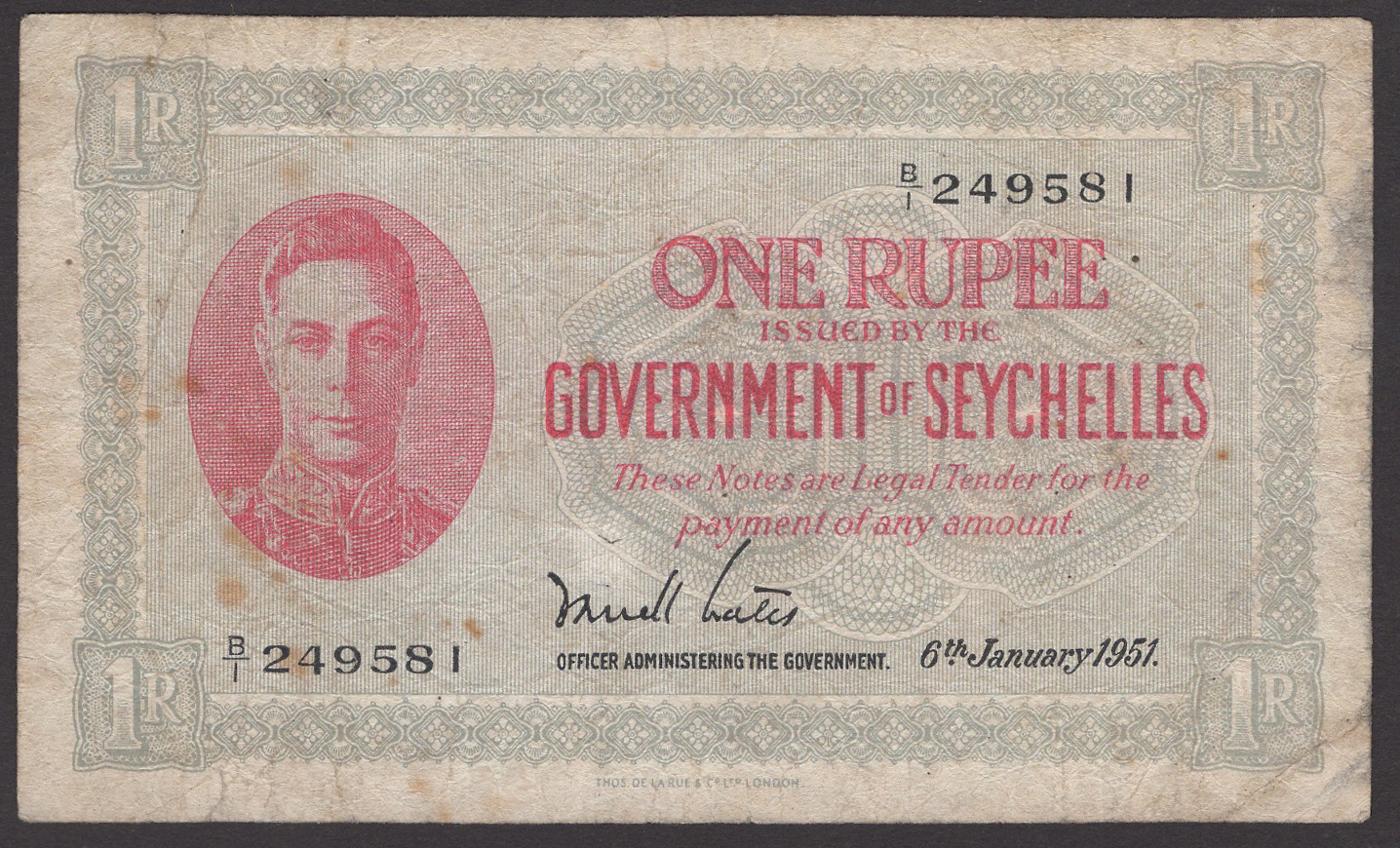 Government of the Seychelles, 1 Rupee, 6 January 1951, serial number B/1 249581, Bates...