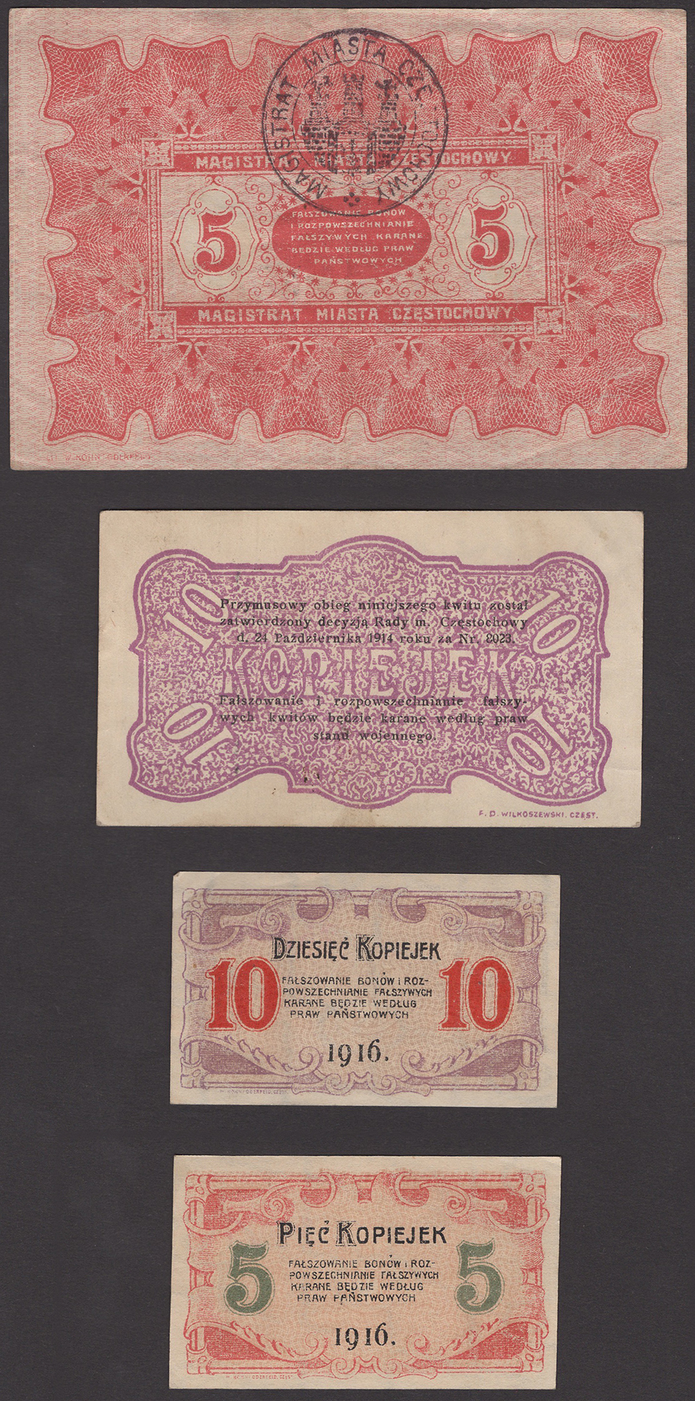 Magistrat Miasta Czestochowy, Poland, 5 Rubli, 1915, serial number B00800, 10 Kopeks, 1914,... - Image 2 of 2