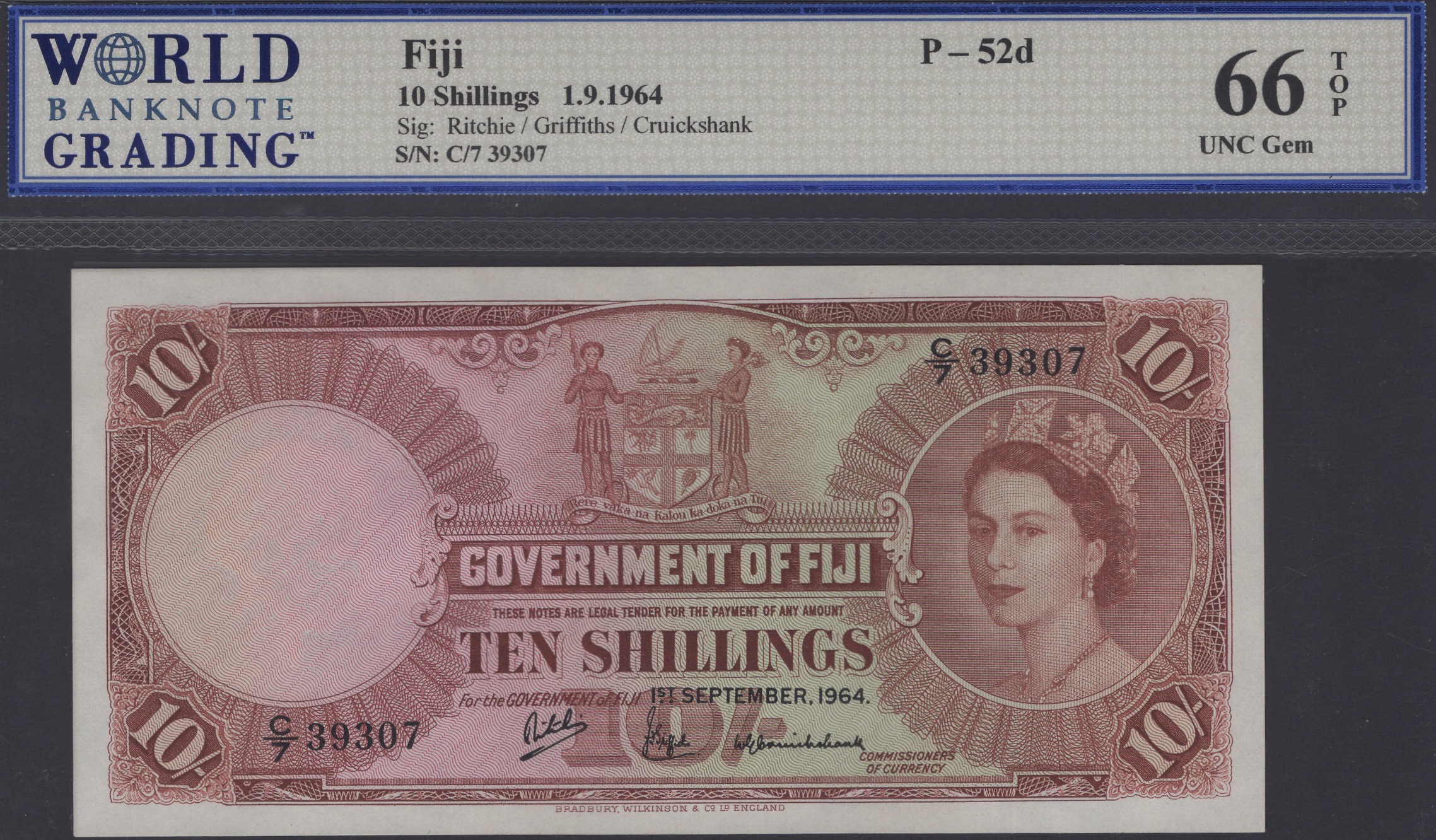 Government of Fiji, 10 Shillings, 1 September 1964, serial number C/7 39307, Richie,...