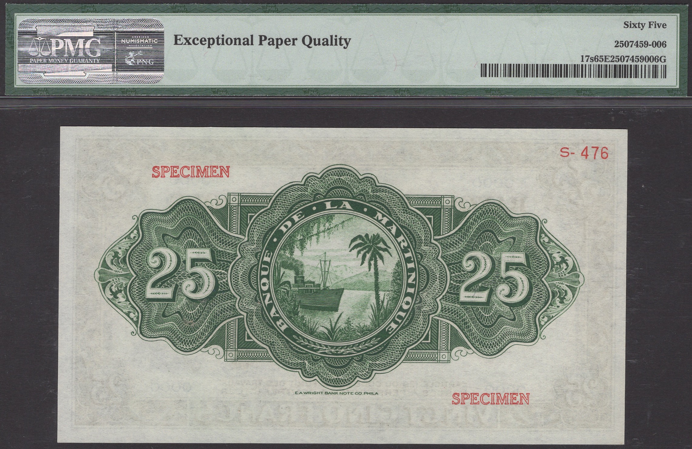 Banque de la Martinique, specimen 25 Francs, ND (1943), serial number 0000 0000, three... - Image 2 of 2