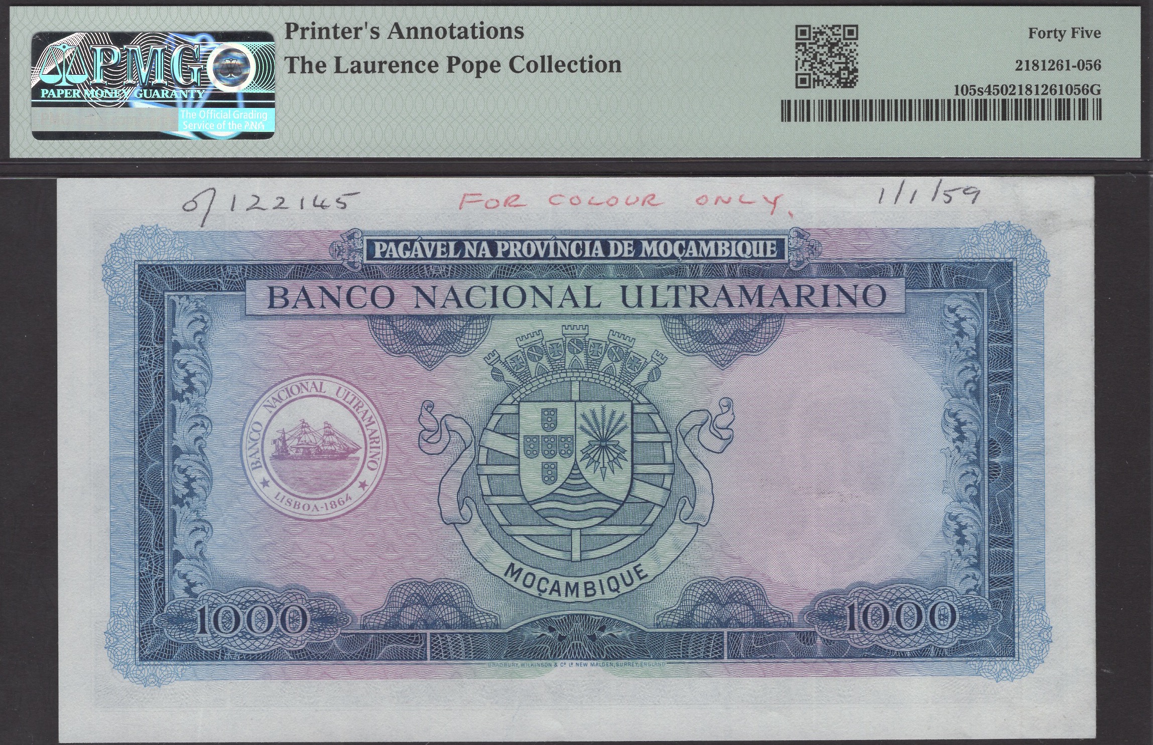 Banco Nacional Ultramarino, Mozambique, proof 1000 Escudos, ND (1967), no serial numbers or... - Bild 2 aus 2