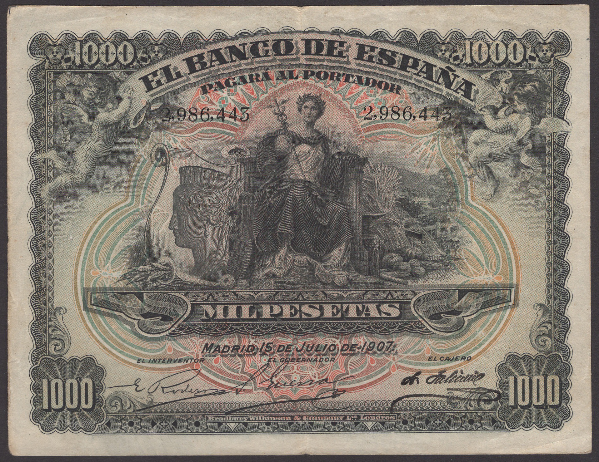 Banco de Espana, 1000 Pesetas, 15 July 1907, serial number 2986443, good very fine,...