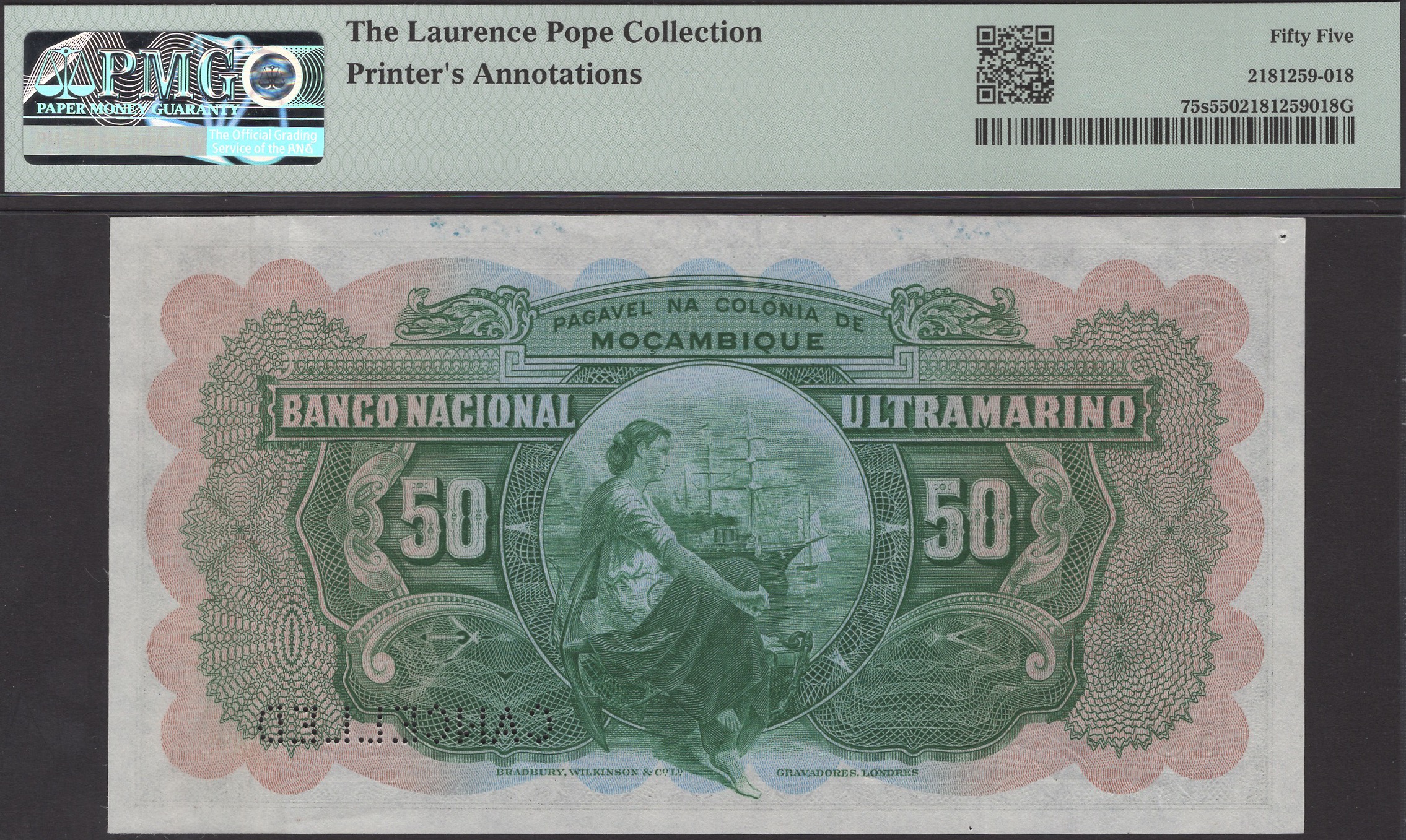 Banco Nacional Ultramarino, Mozambique, printers archival specimen 50 Escudos, 11 January... - Bild 2 aus 2