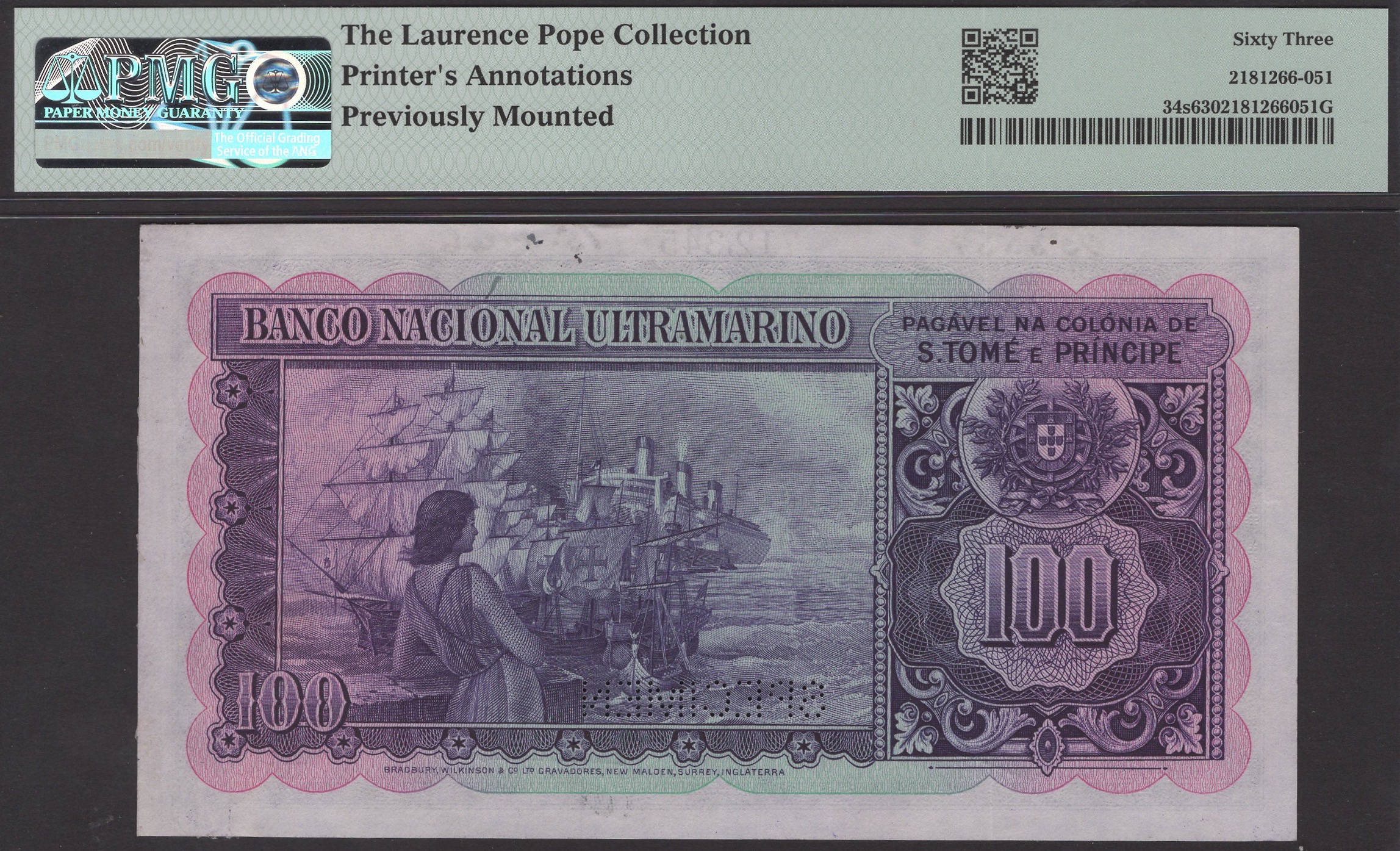 Banco Nacional Ultramarino, St Thomas & Prince, printers archival specimens for 100 Escudos... - Bild 4 aus 4