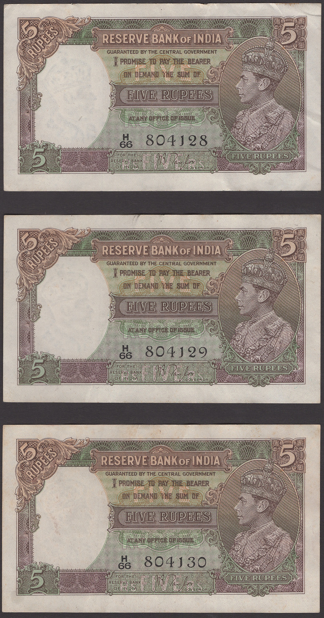 Reserve Bank of India, 5 Rupees (6), ND (1937), consecutive serial numbers H/66 804124-26... - Bild 3 aus 4