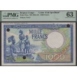 Banque du Congo-Belge, colour trial 1000 Francs, ND (1944-47), no signatures or serial...