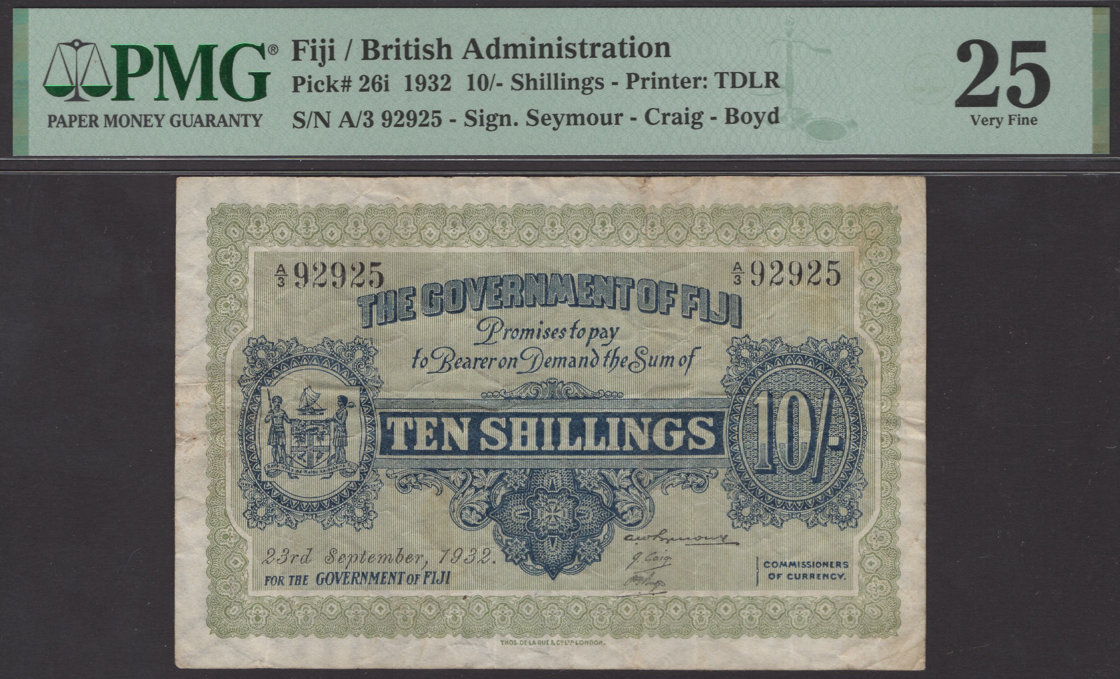 Government of Fiji, 10 Shillings, 23 September 1932, serial number A/3 92925, Seymour,...