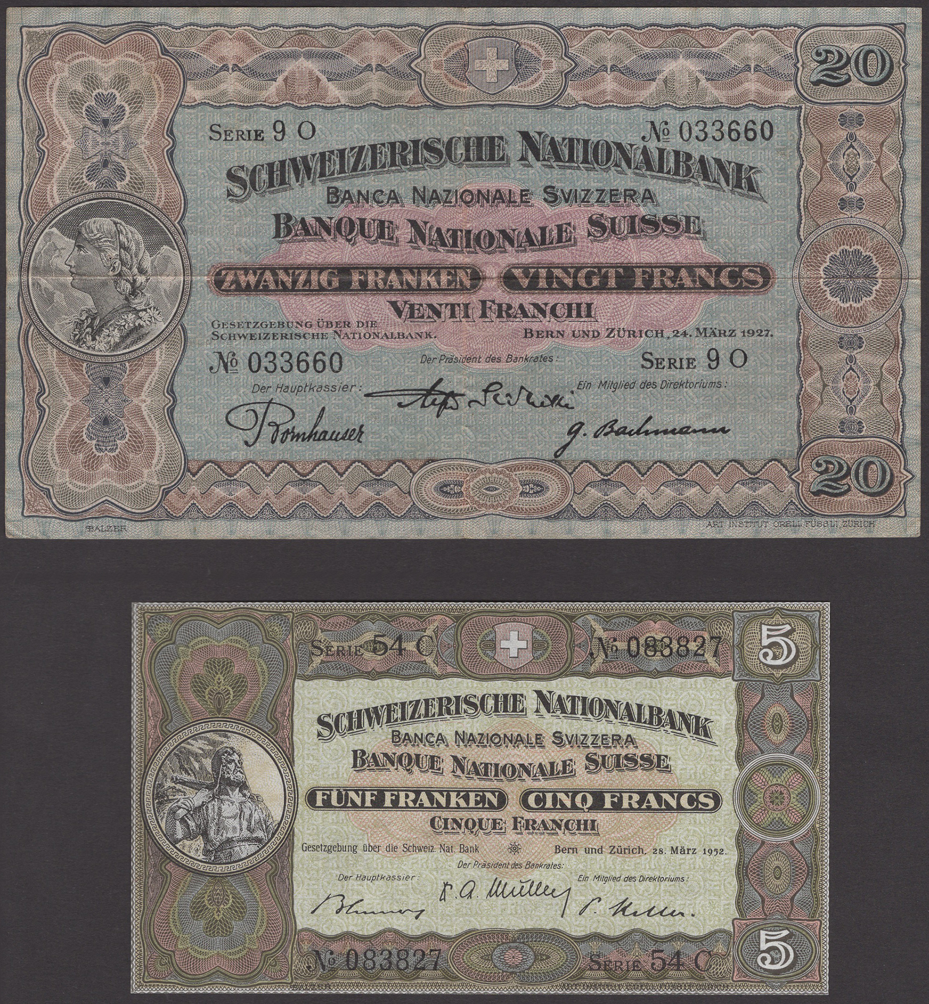 Schweizerische Nationalbank, 5 Francs, 28 March 1952, serial number 54C 088837, 20 Francs,... - Bild 3 aus 4