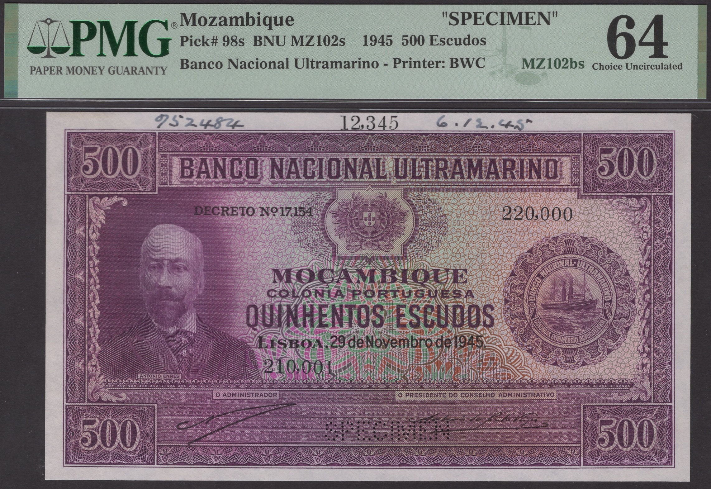 Banco Nacional Ultramarino, Mozambique, printers archival specimens for 500 Escudos (2), 29...