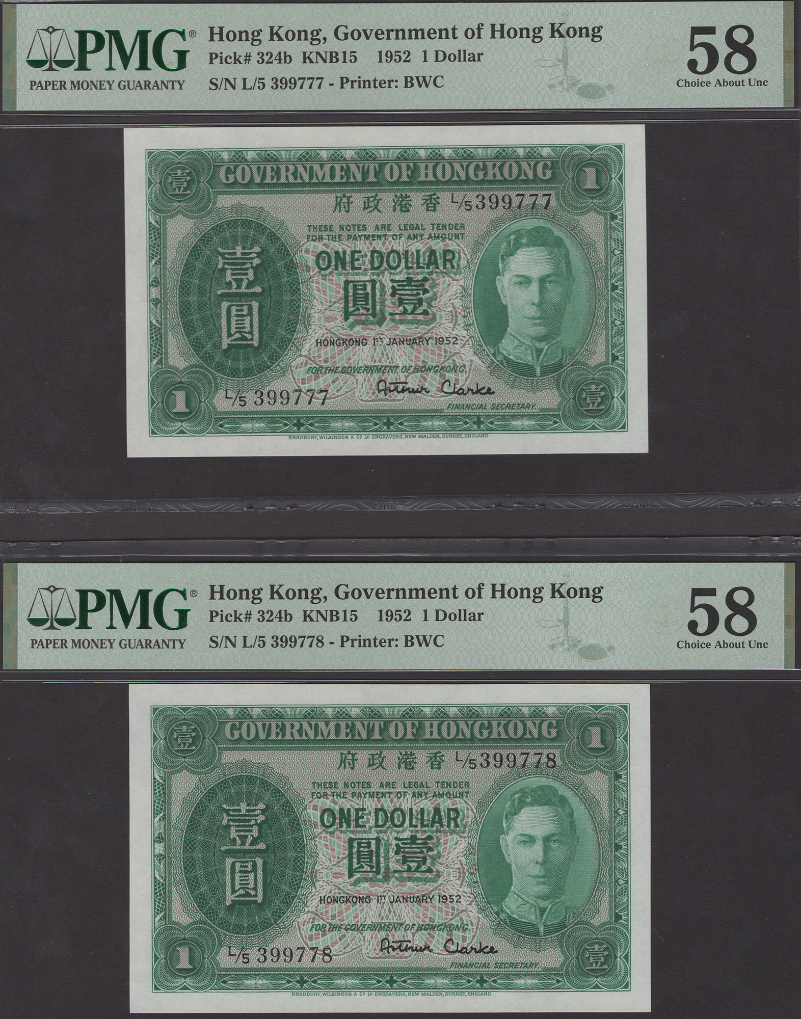 Government of Hong Kong, $1 (2), 1 January 1952, serial number L/5 399777-78, Arthur Clarke...