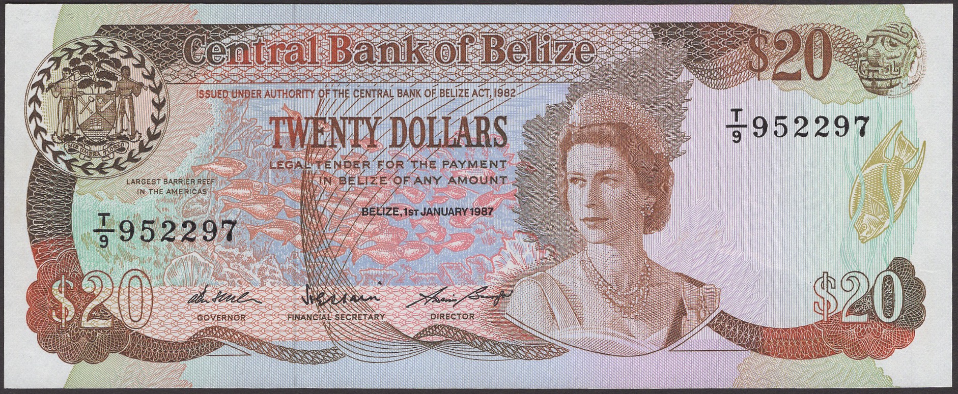 Central Bank of Belize, $20, 1 January 1987, serial number T/9 952297, Slusher, Cain and...