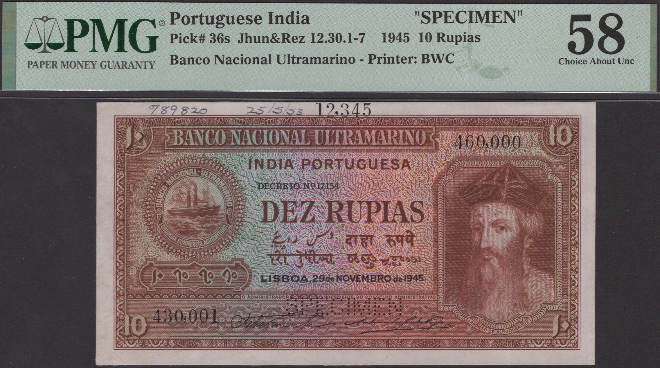 Banco Nacional Ultramarino, Portuguese India, printers archival specimen 10 Rupias, 29...