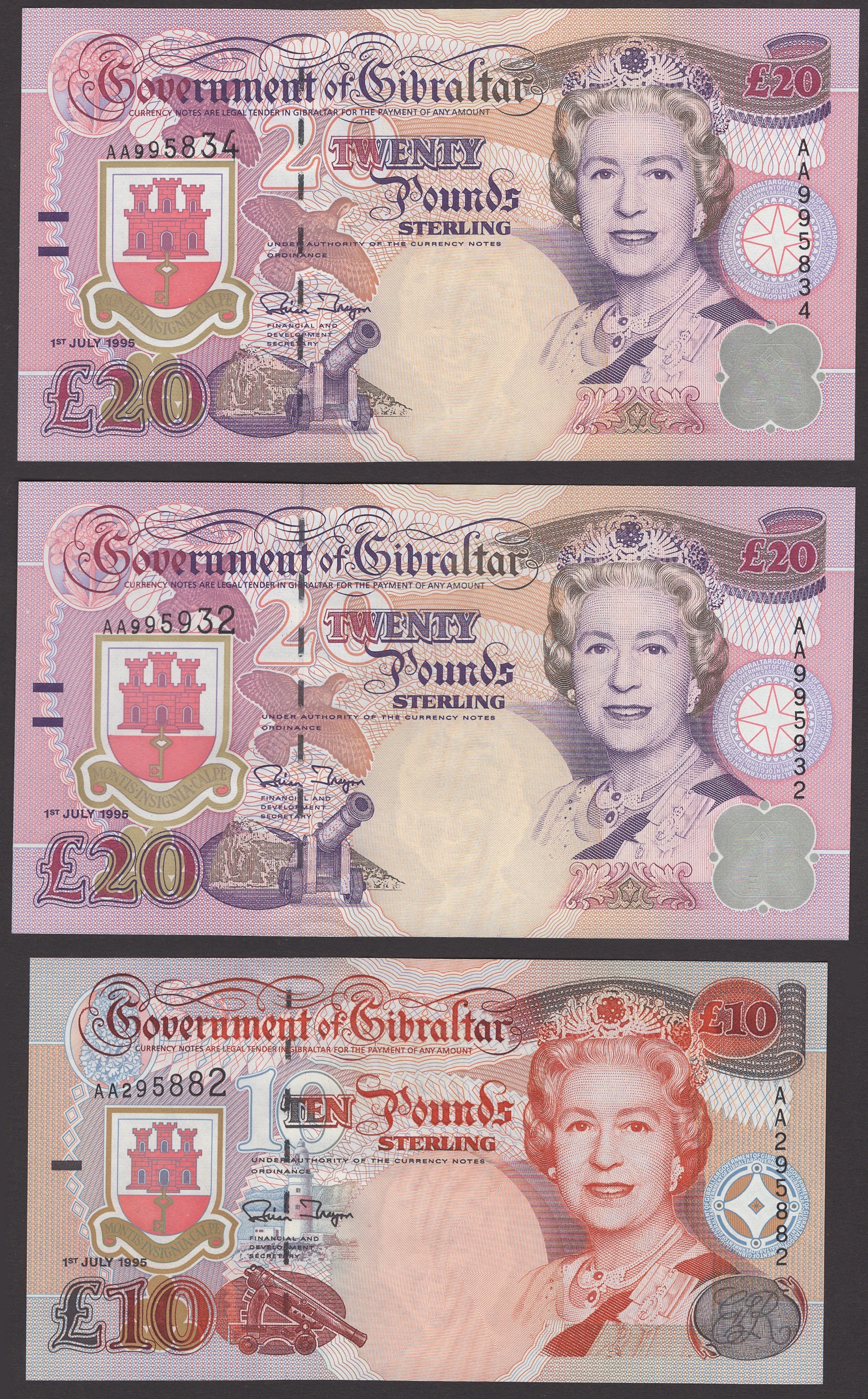 Government of Gibraltar, Â£10 (5), 1 July 1995, prefix AA, Traynor signature, also Â£20...