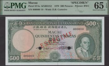 Banco Nacional Ultramarino, Macau, specimen 500 Patacas, 24 April 1979, serial number...