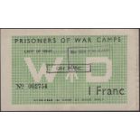 Prisoner of War Camps, France, 1 Franc, ND (1944-45), serial number 002754, handstamp on...