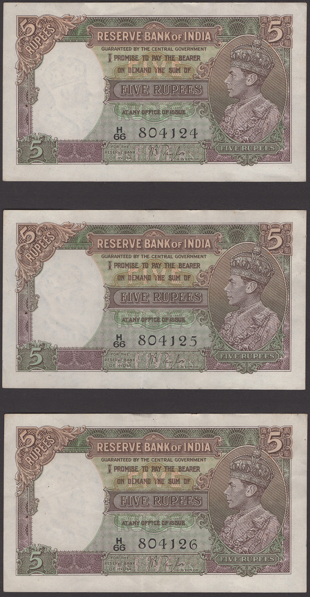 Reserve Bank of India, 5 Rupees (6), ND (1937), consecutive serial numbers H/66 804124-26...